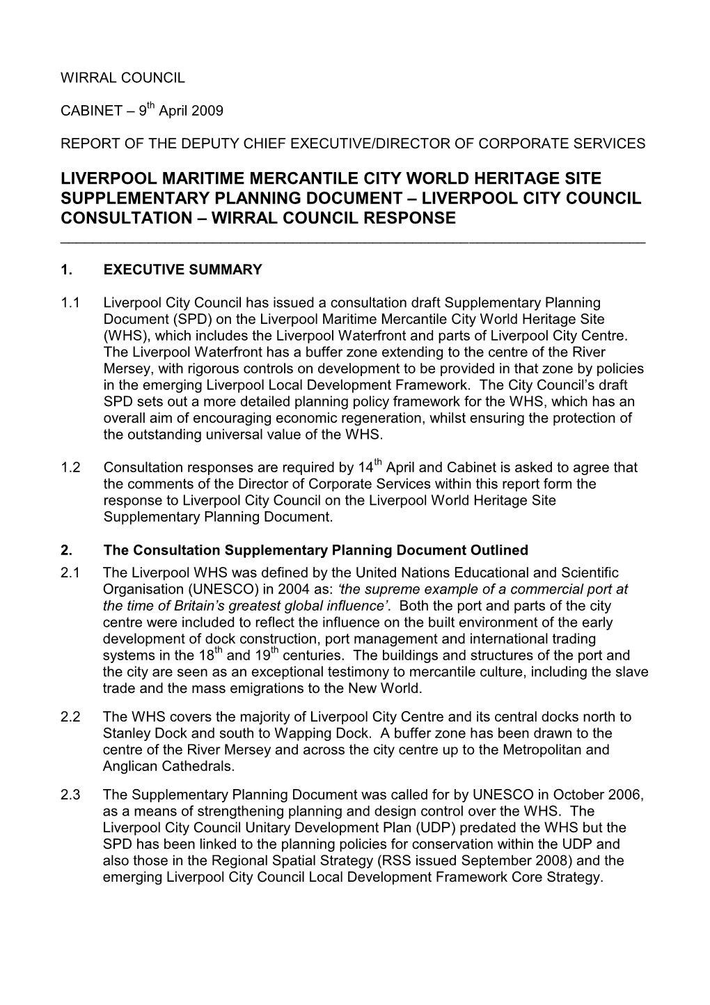 Liverpool Maritime Mercantile City World Heritage Site Supplementary Planning Document – Liverpool City Council Consultation – Wirral Council Response ______