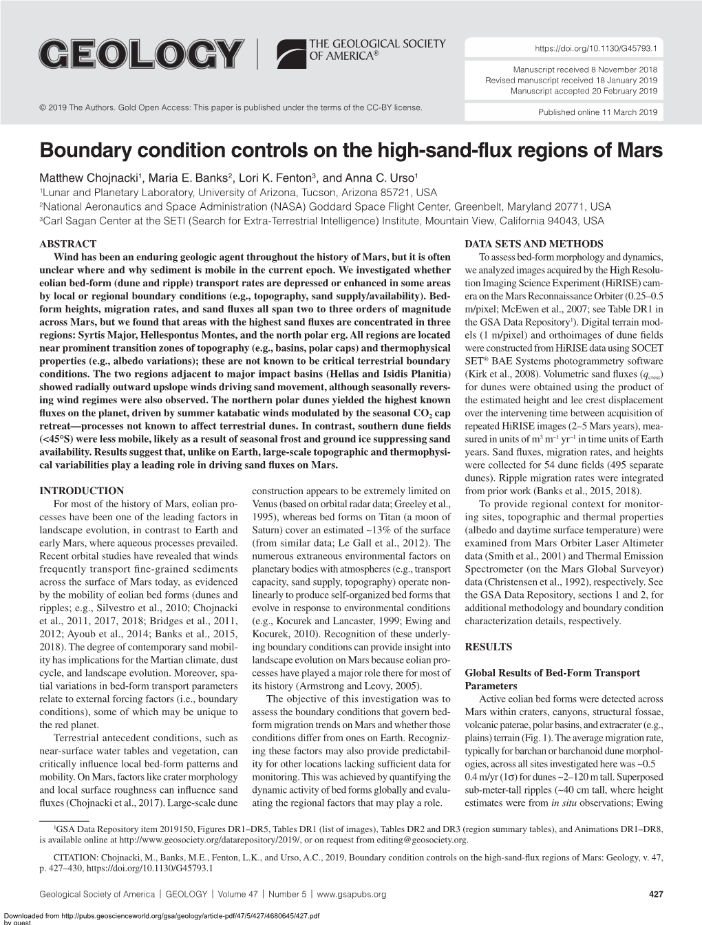 Boundary Condition Controls on the High-Sand-Flux Regions of Mars Matthew Chojnacki1, Maria E