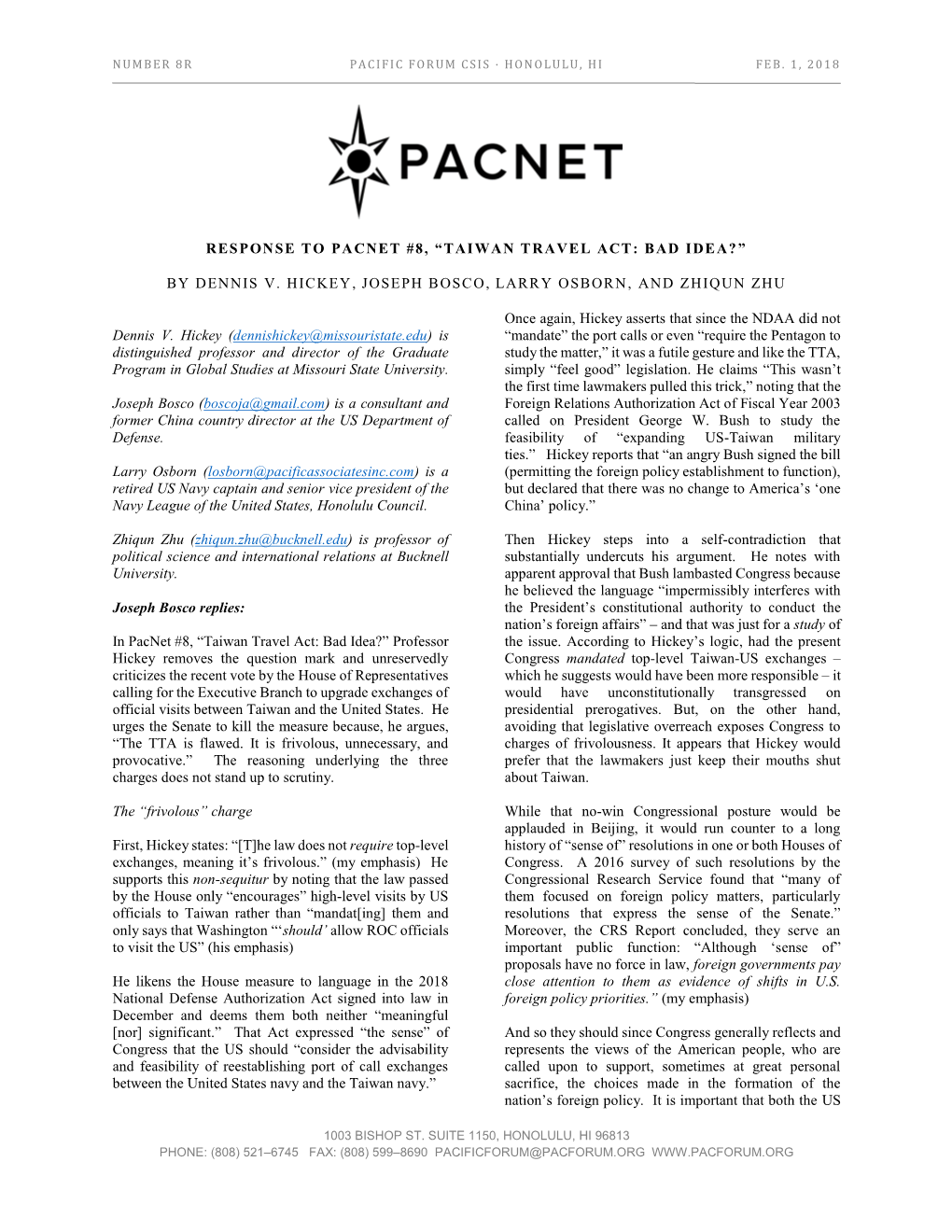 Response to Pacnet #8, “Taiwan Travel Act: Bad Idea? ”