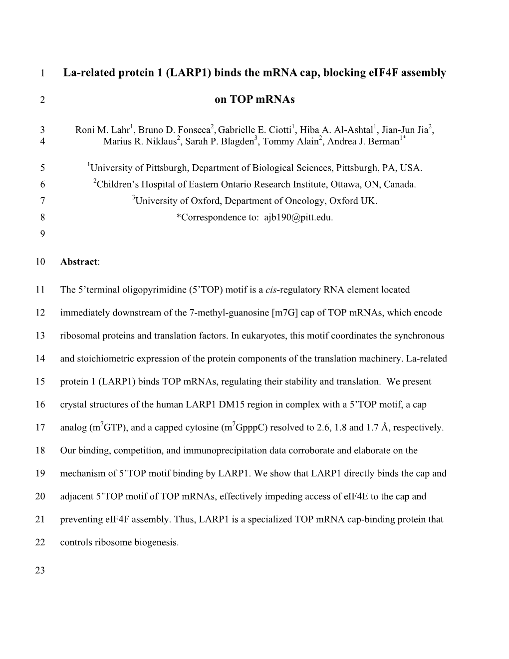 La-Related Protein 1 (LARP1) Binds the Mrna Cap, Blocking Eif4f Assembly