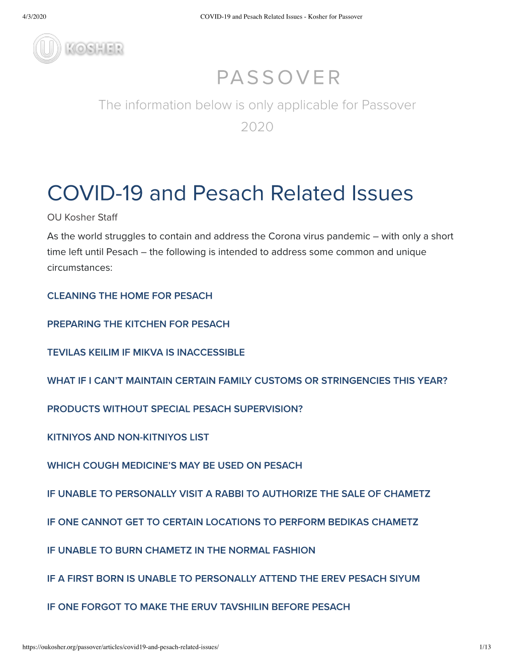COVID-19 and Pesach Related Issues - Kosher for Passover