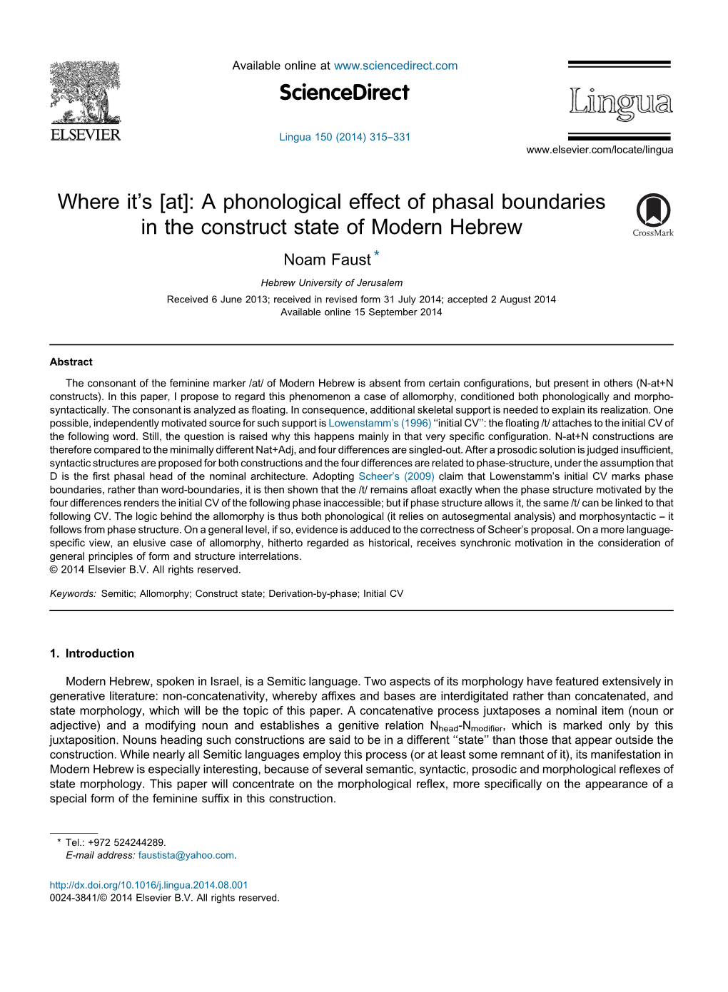 A Phonological Effect of Phasal Boundaries in the Construct State Of