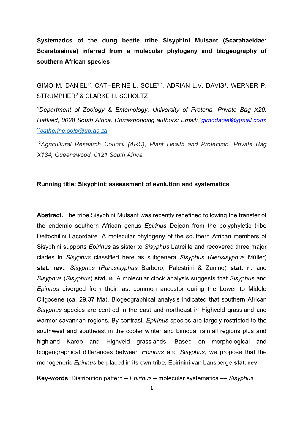 Systematics of the Dung Beetle Tribe Sisyphini Mulsant (Scarabaeidae: Scarabaeinae) Inferred from a Molecular Phylogeny and Biogeography of Southern African Species