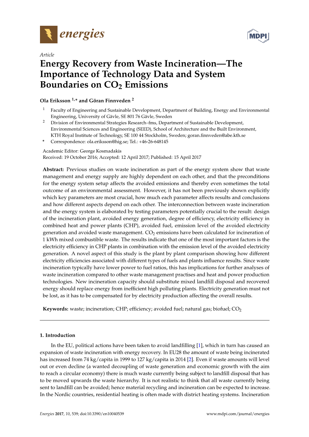 Energy Recovery from Waste Incineration—The Importance of Technology Data and System Boundaries on CO2 Emissions