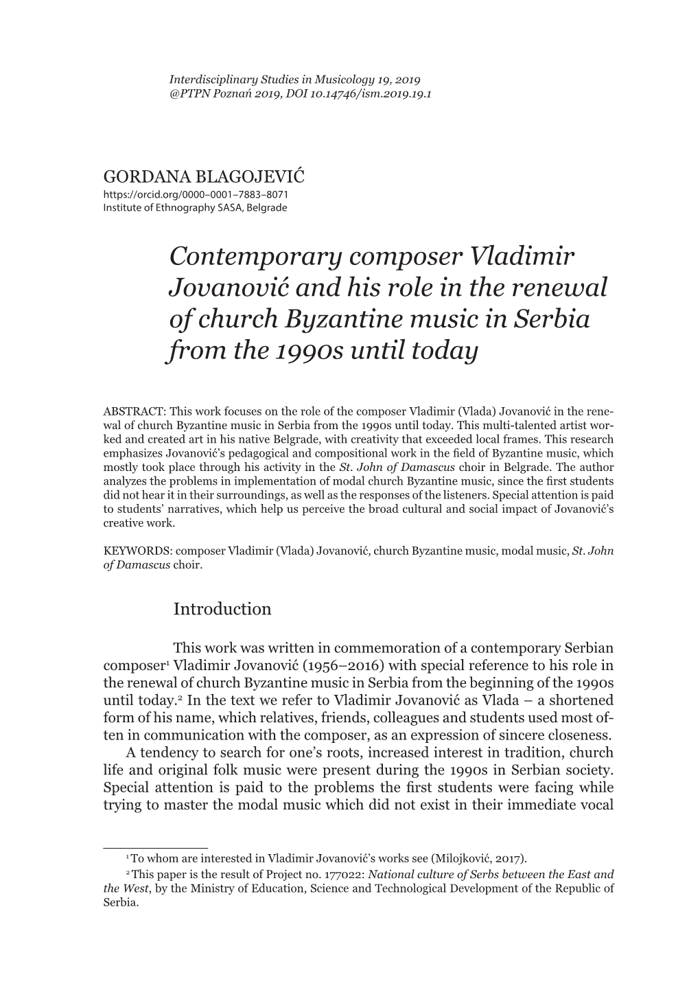 Contemporary Composer Vladimir Jovanović and His Role in the Renewal of Church Byzantine Music in Serbia from the 1990S Until Today