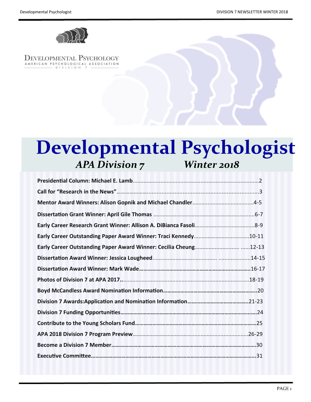 Developmental Psychologist DIVISION 7 NEWSLETTER WINTER 2018
