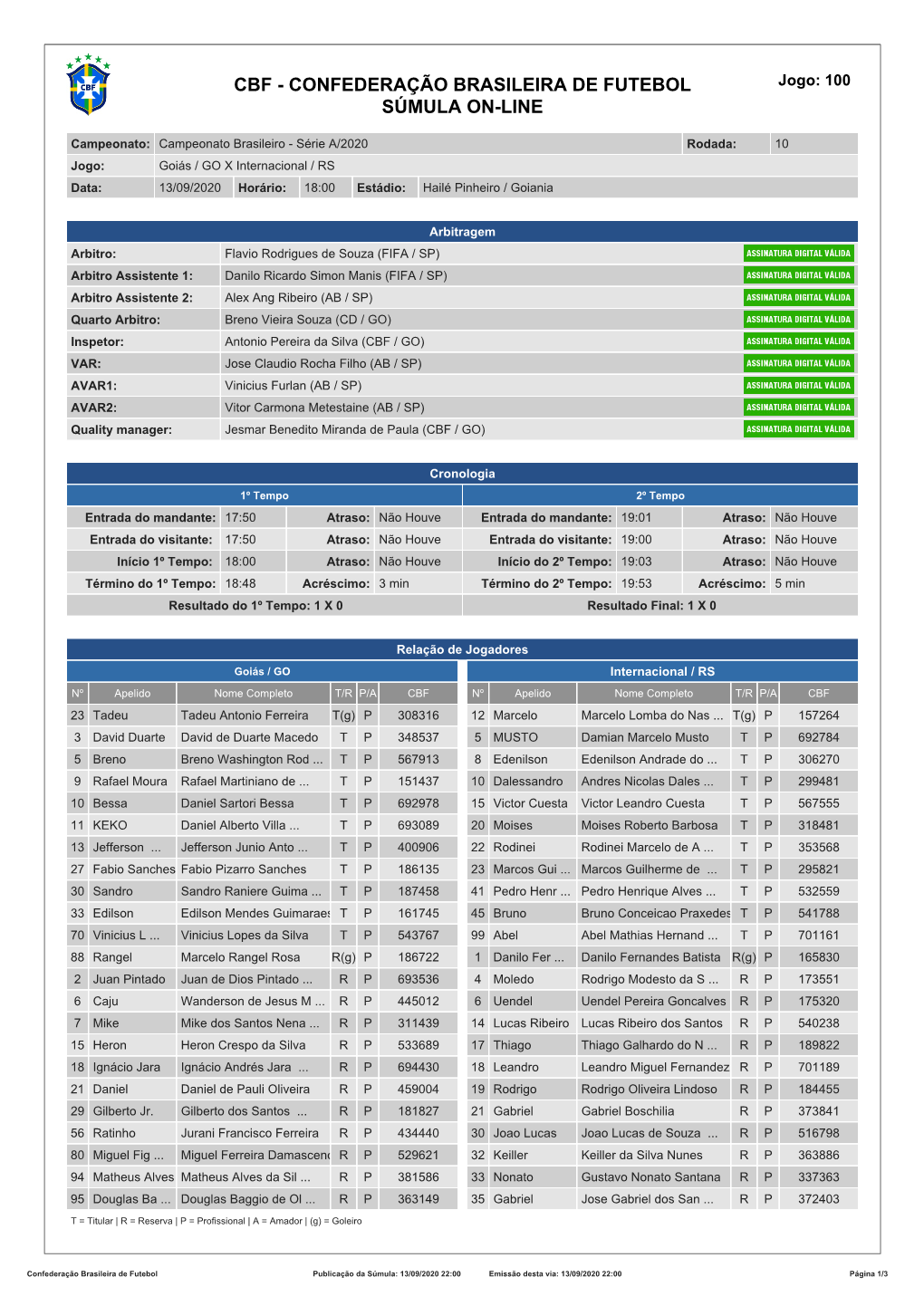 CBF - CONFEDERAÇÃO BRASILEIRA DE FUTEBOL Jogo: 100 SÚMULA ON-LINE