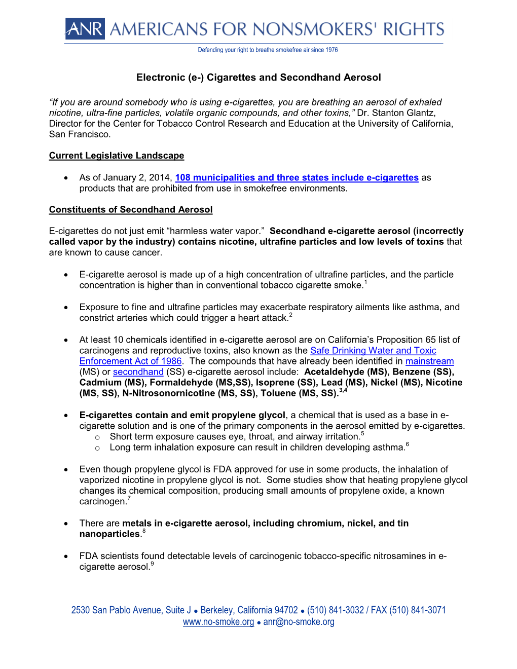 Electronic (E-) Cigarettes and Secondhand Aerosol