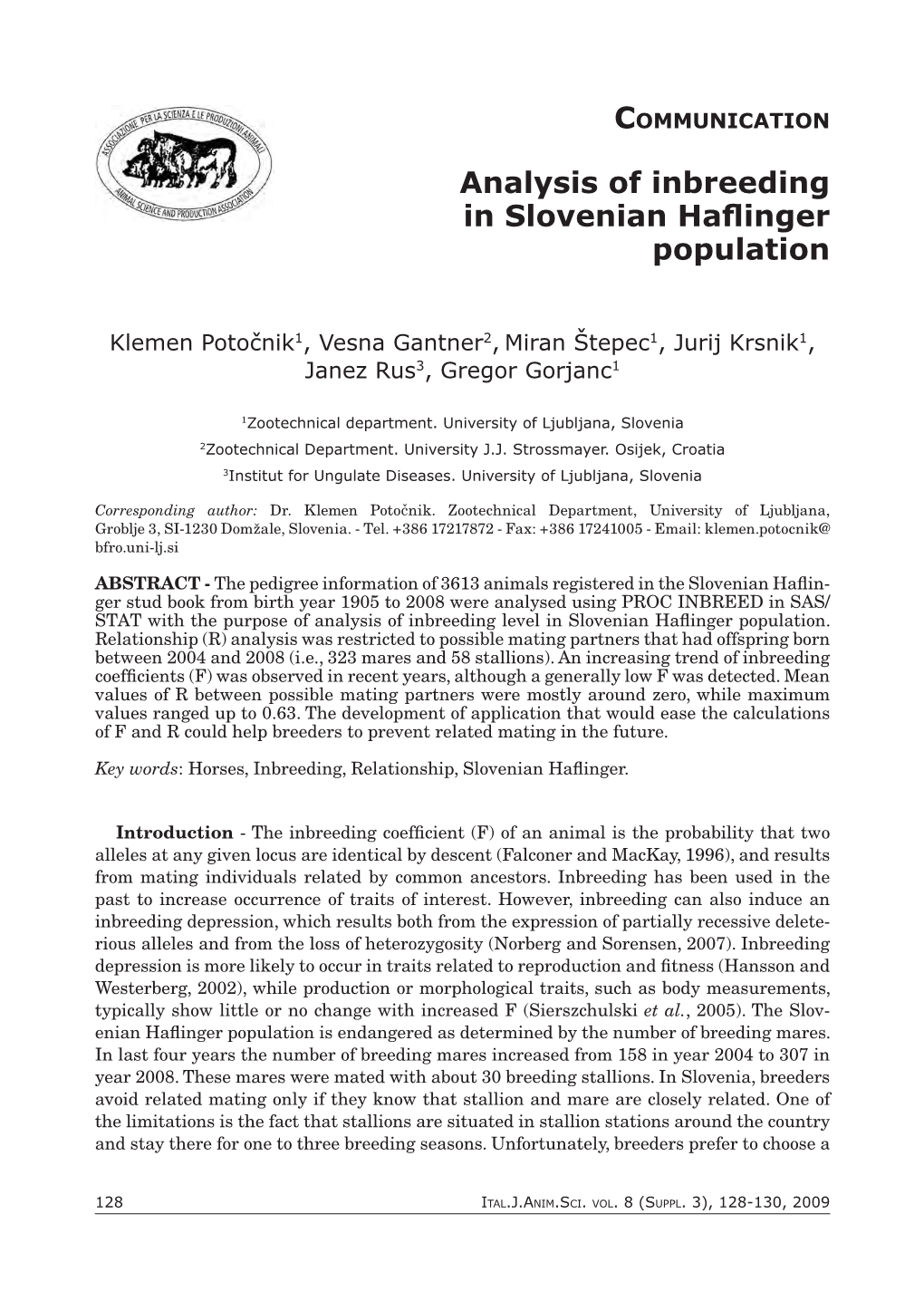 Analysis of Inbreeding in Slovenian Haflinger Population