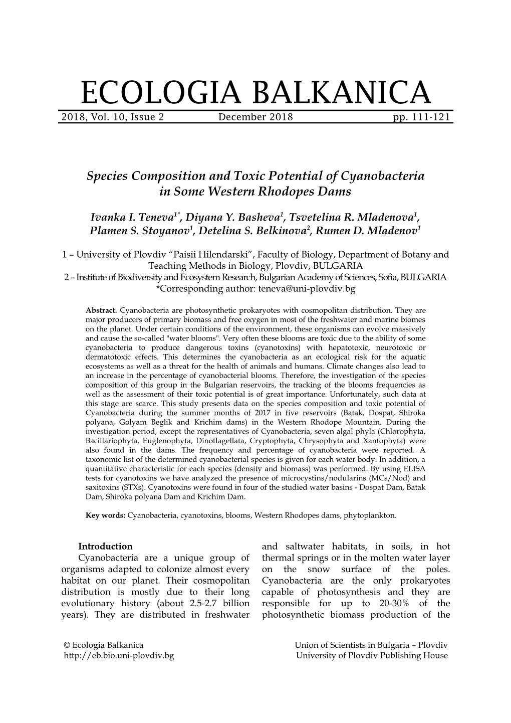 Species Composition and Toxic Potential of Cyanobacteria in Some Western Rhodopes Dams