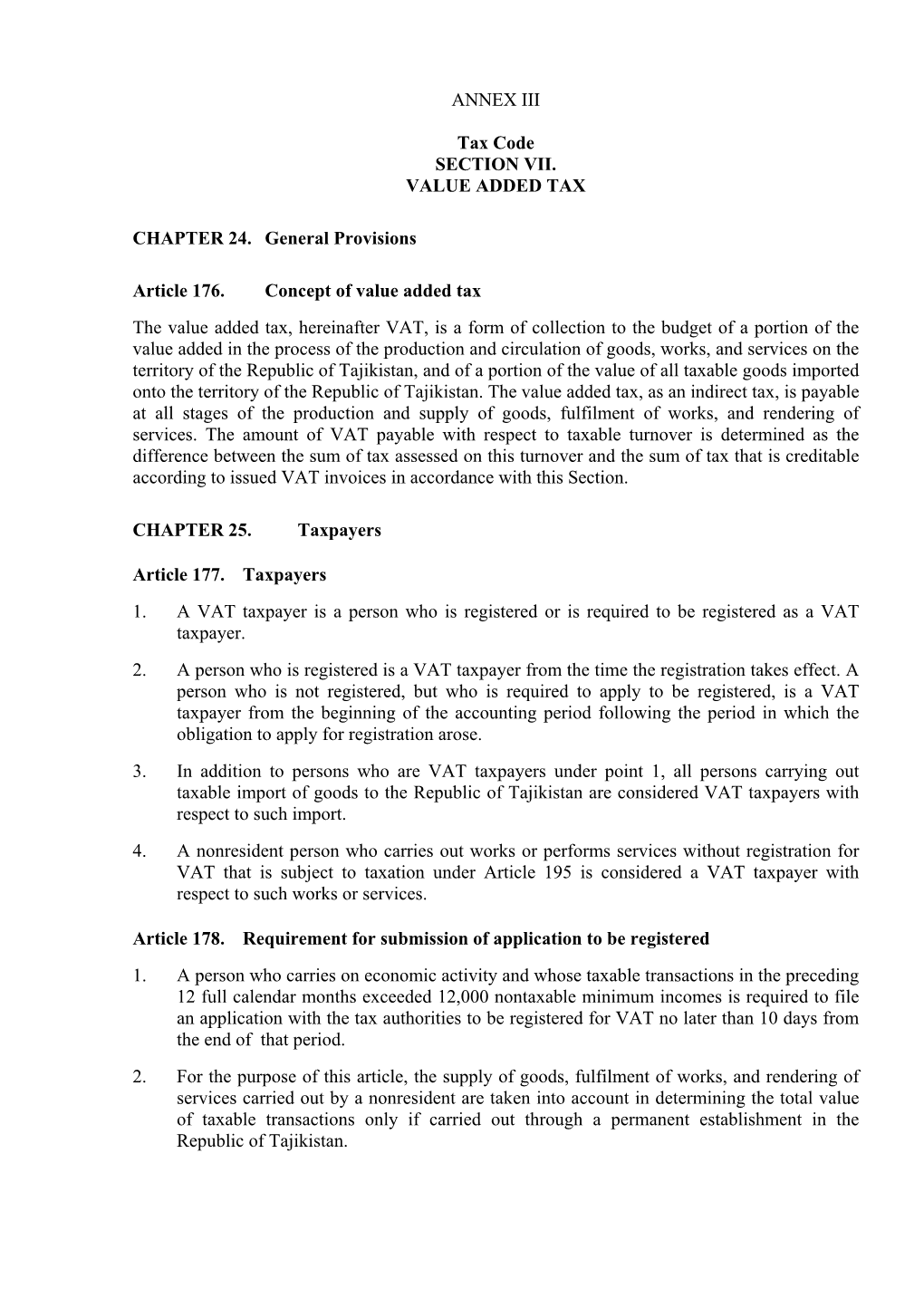 Tax Code SECTION VII. VALUE ADDED TAX