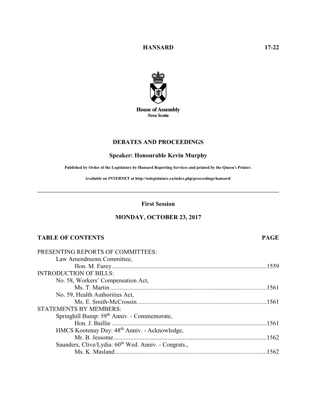 HANSARD 17-22 DEBATES and PROCEEDINGS Speaker