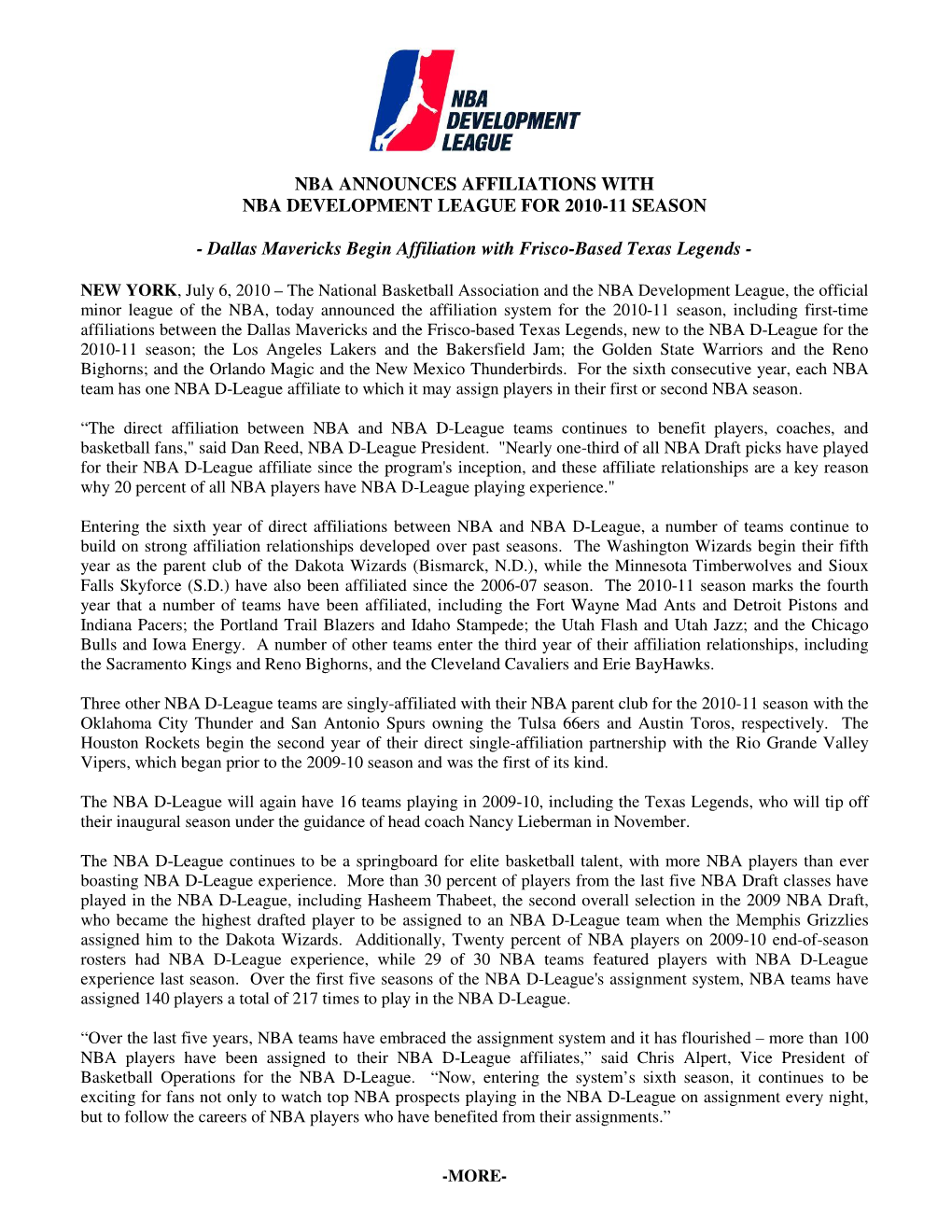 Nba Announces Affiliations with Nba Development League for 2010-11 Season