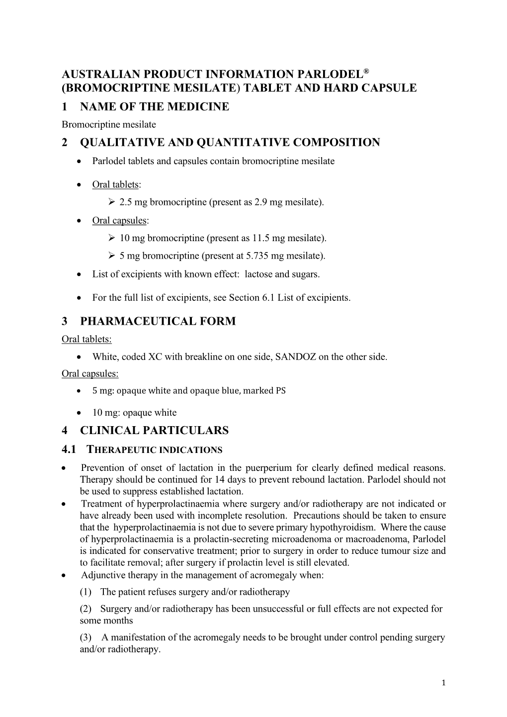 Australian Product Information Parlodel® (Bromocriptine Mesilate)