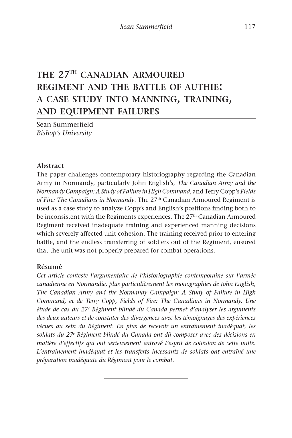 The 27Th Canadian Armoured Regiment and the Battle of Authie a Case Study Into Manning , Training, and Equipment Failures