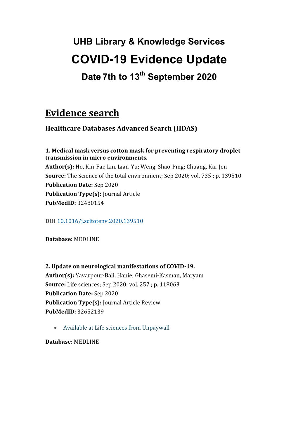 COVID-19 Evidence Update Date 7Th to 13Th September 2020