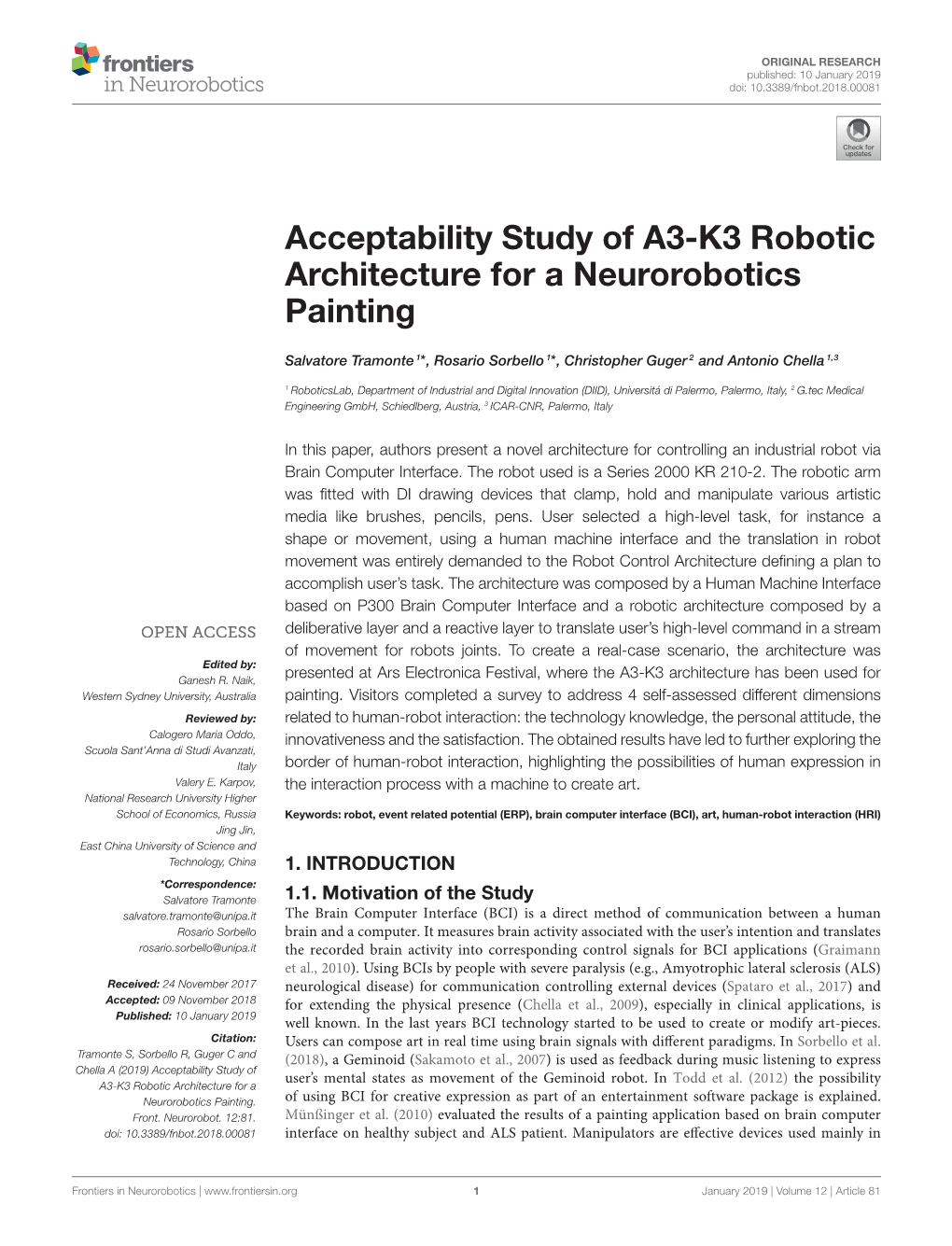 Acceptability Study of A3-K3 Robotic Architecture for a Neurorobotics Painting