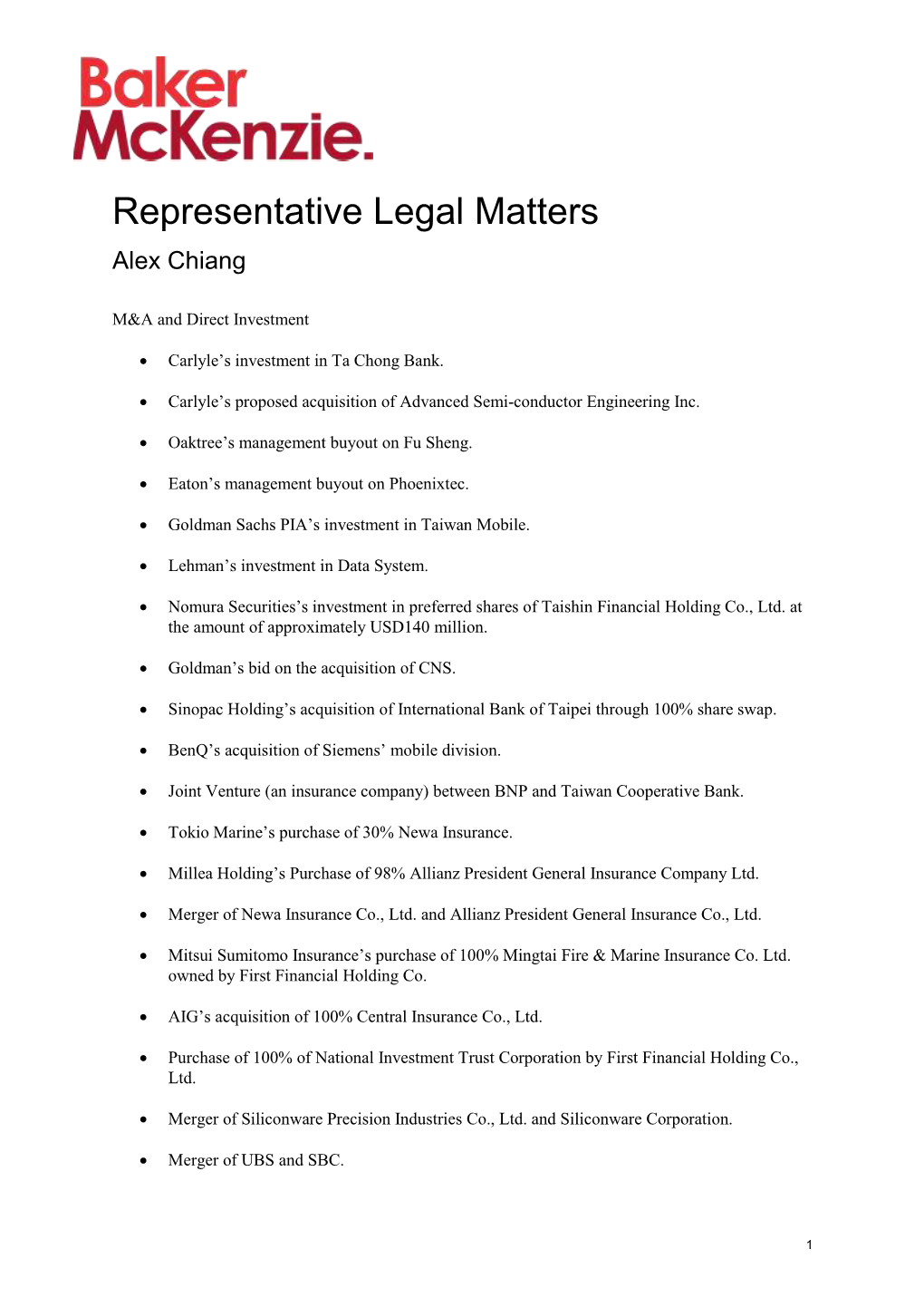 Representative Legal Matters Alex Chiang