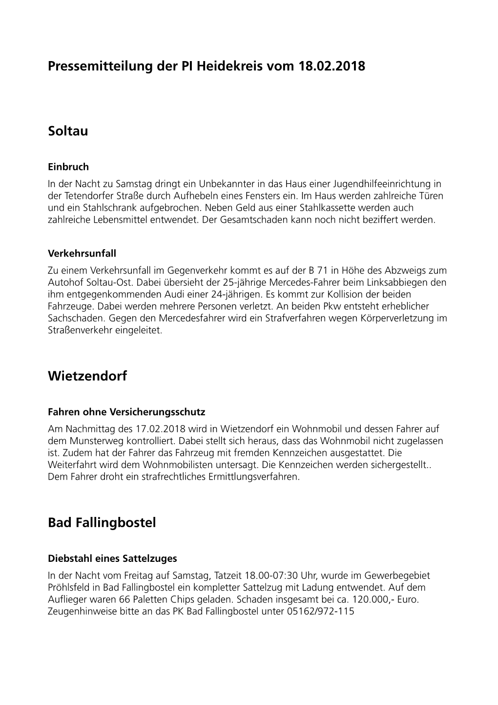 Pressemitteilung Der PI Heidekreis Vom 18.02.2018 Soltau Wietzendorf