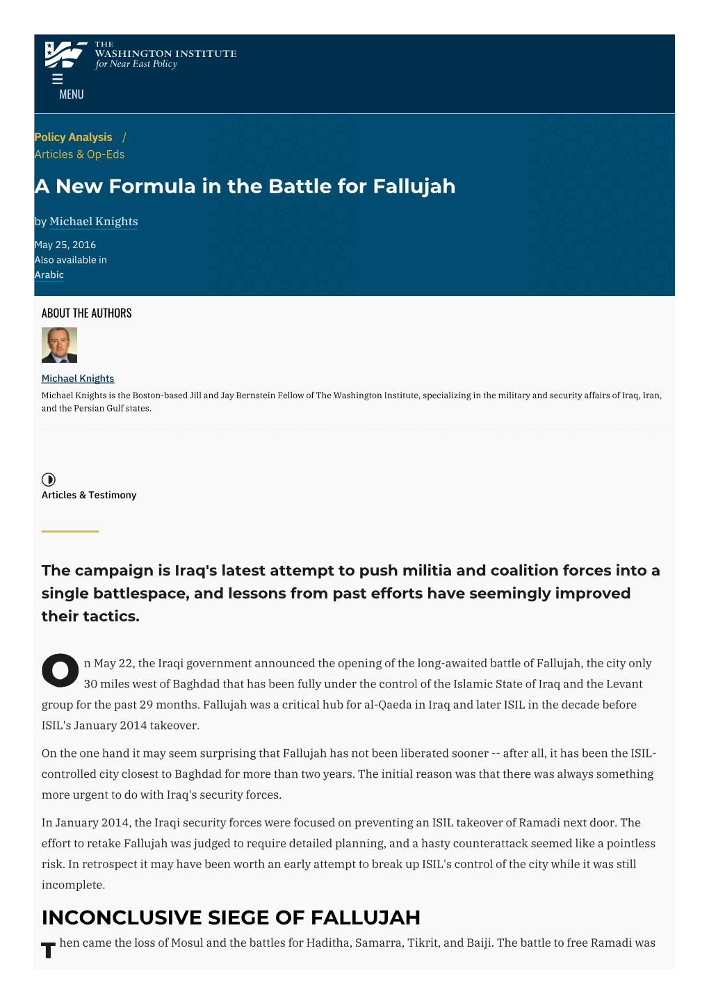 A New Formula in the Battle for Fallujah | the Washington Institute