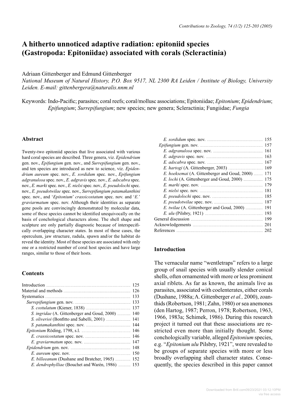 A Hitherto Unnoticed Adaptive Radiation: Epitoniid Species (Gastropoda: Epitoniidae) Associated with Corals (Scleractinia)