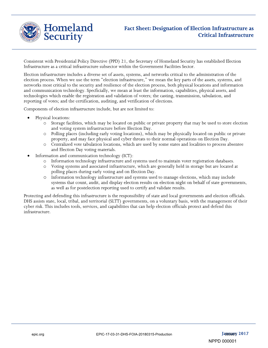 Fact Sheet: Designation of Election Infrastructure As Critical Infrastructure