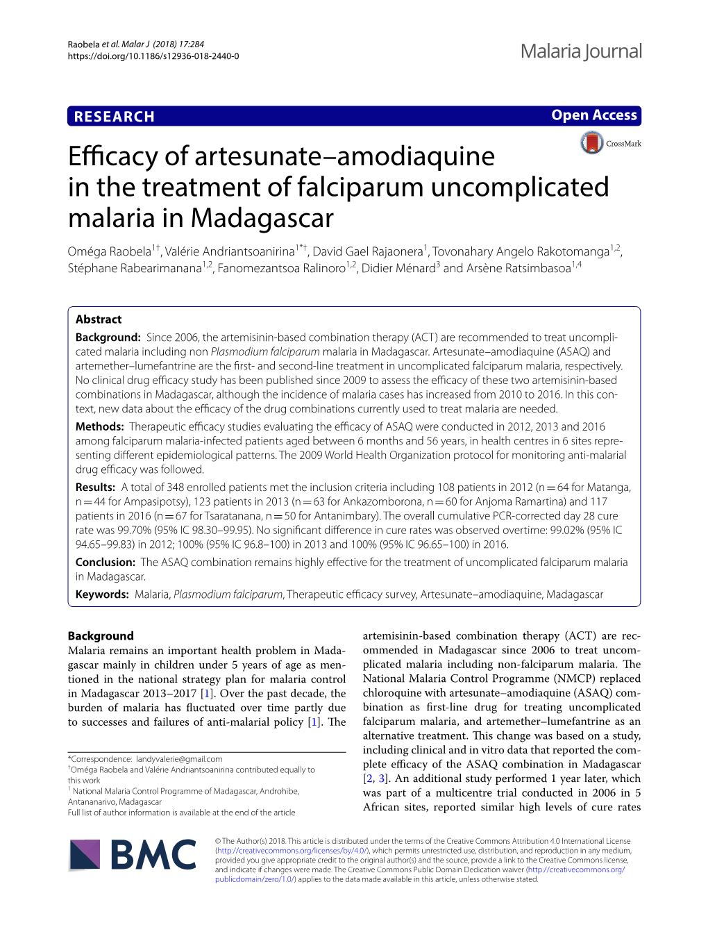Efficacy of Artesunate–Amodiaquine in the Treatment of Falciparum