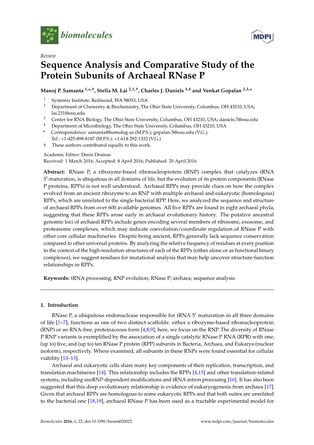 Sequence Analysis and Comparative Study of the Protein Subunits of Archaeal Rnase P