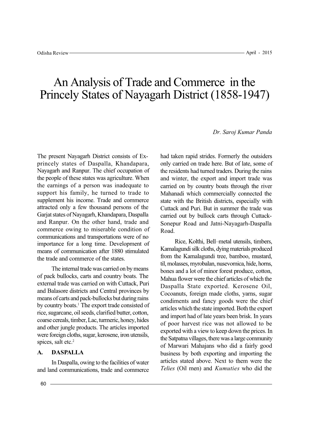 An Analysis of Trade and Commerce in the Princely States of Nayagarh District (1858-1947)