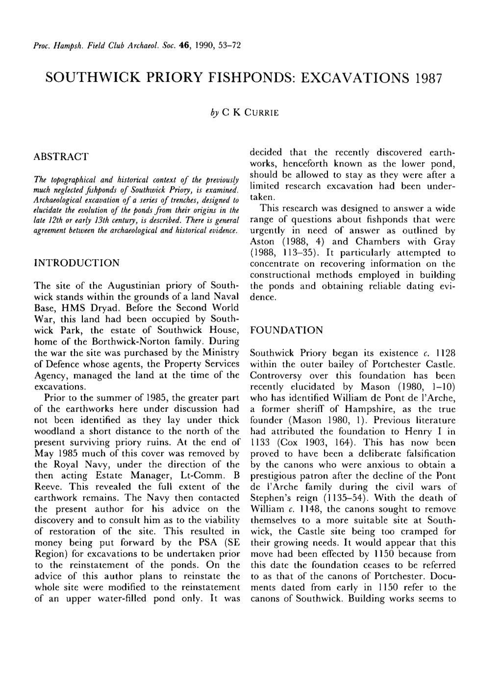 Southwick Priory Fishponds: Excavations 1987