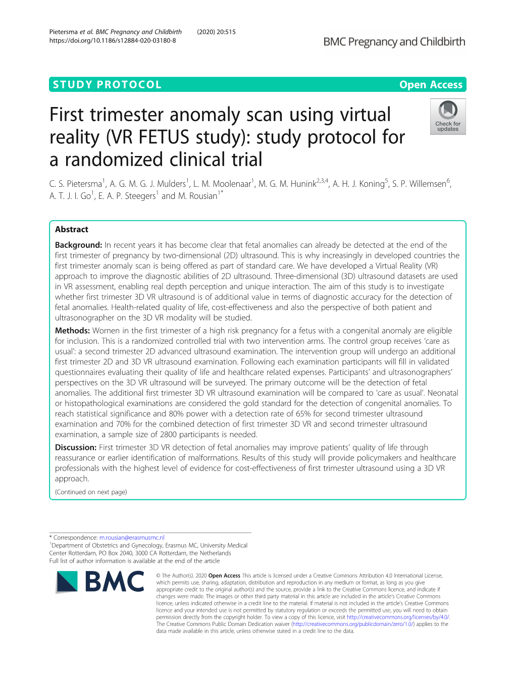 First Trimester Anomaly Scan Using Virtual Reality (VR FETUS Study): Study Protocol for a Randomized Clinical Trial C