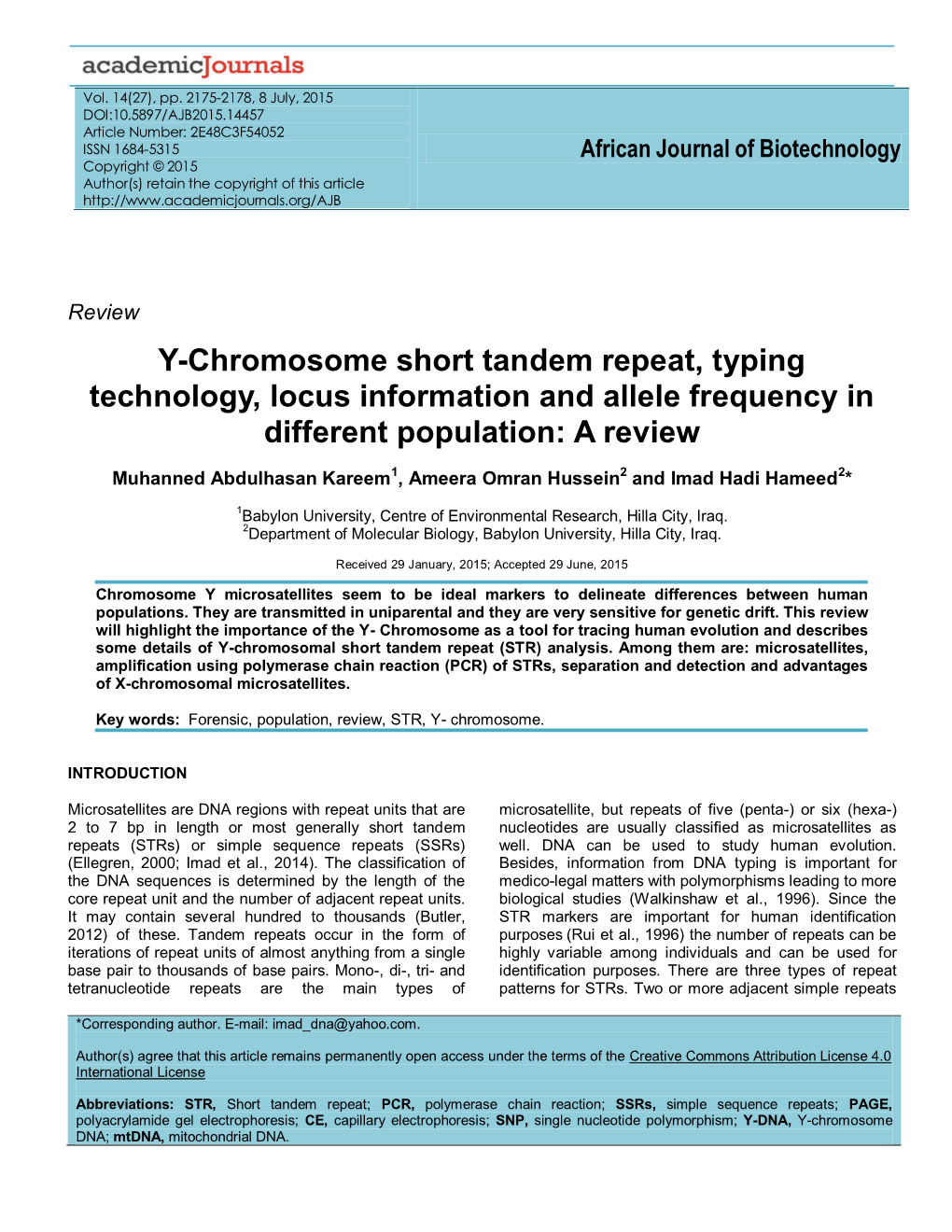 Y-Chromosome Short Tandem Repeat, Typing Technology, Locus Information and Allele Frequency in Different Population: a Review