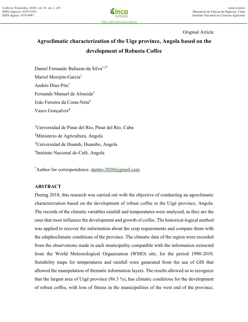Agroclimatic Characterization of the Uige Province, Angola Based on the Development of Robusta Coffee