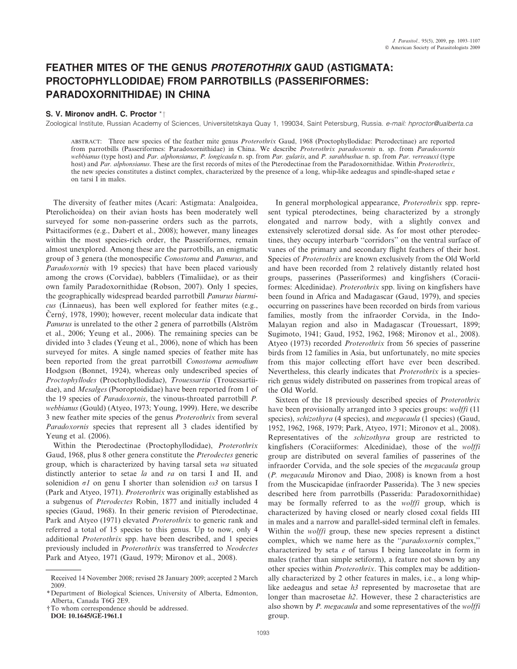 Feather Mites of the Genus Proterothrix Gaud (Astigmata: Proctophyllodidae) from Parrotbills (Passeriformes: Paradoxornithidae) in China