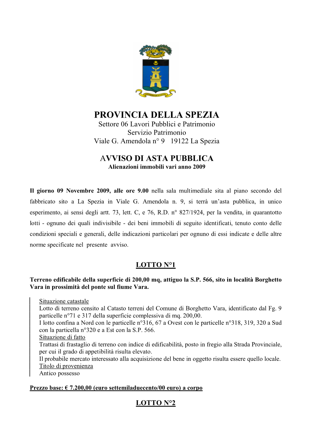 AVVISO DI ASTA PUBBLICA Alienazioni Immobili Vari Anno 2009