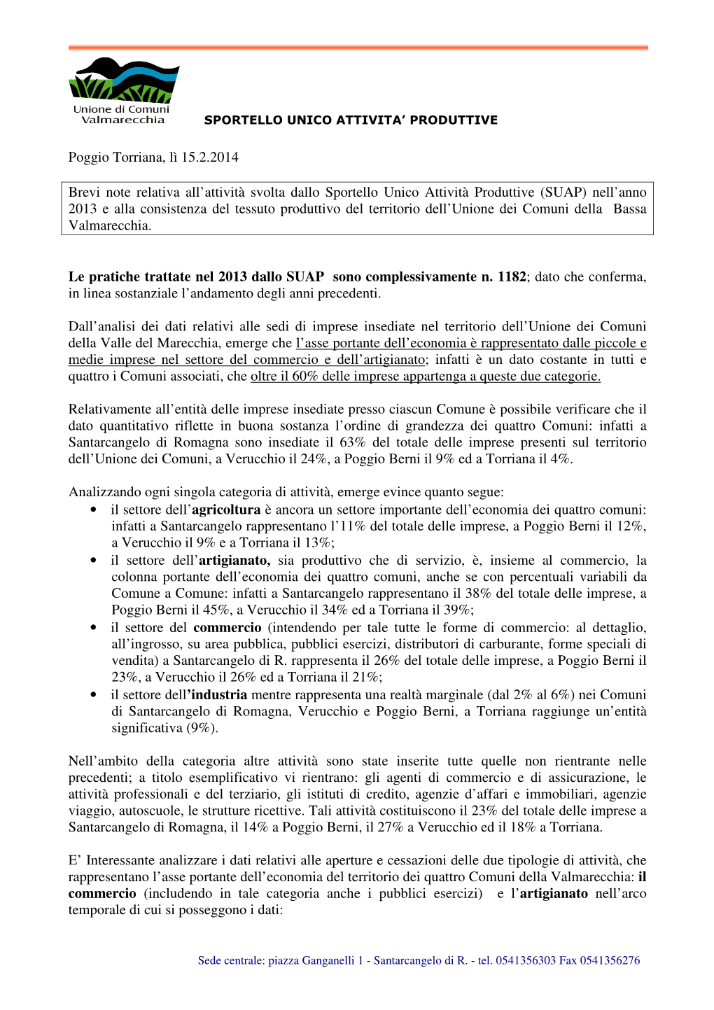 Poggio Torriana, Lì 15.2.2014 Brevi Note Relativa All'attività Svolta Dallo