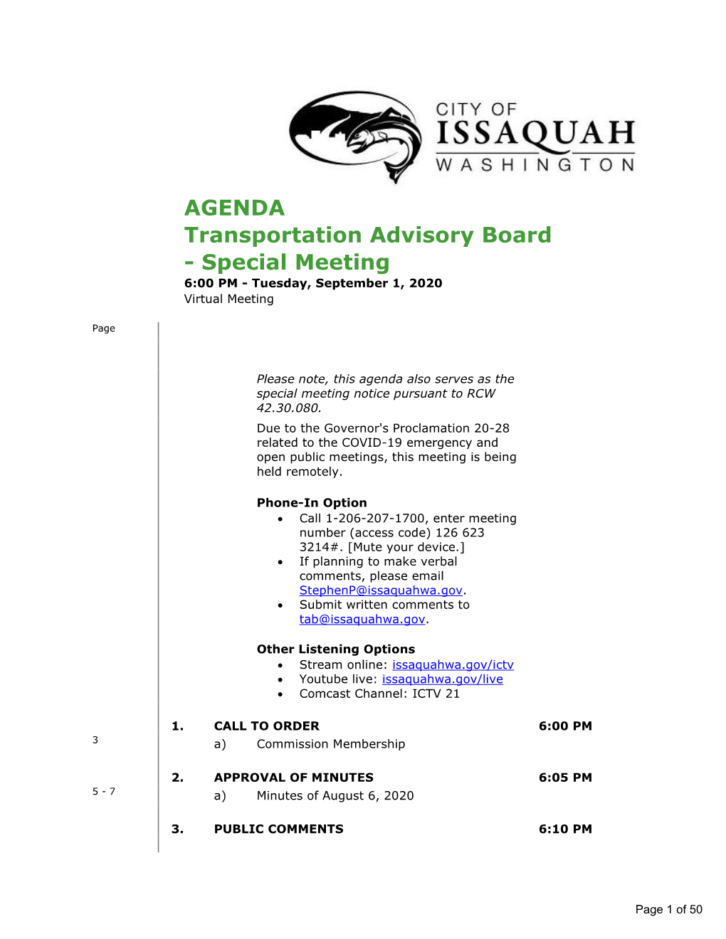 Transportation Advisory Board - Special Meeting 6:00 PM - Tuesday, September 1, 2020 Virtual Meeting
