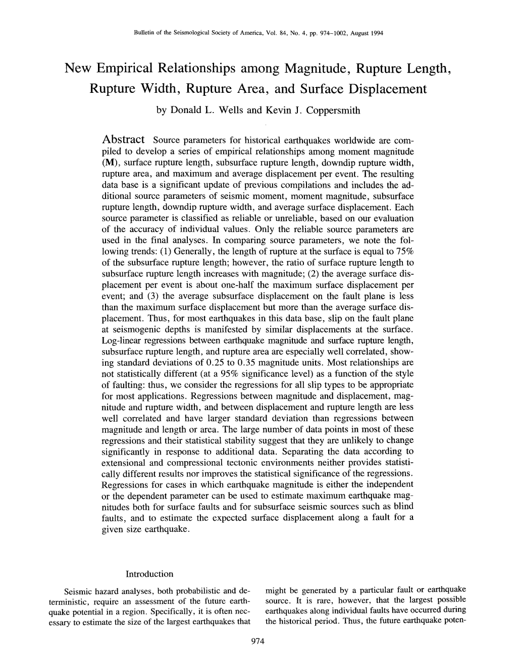 New Empirical Relationships Among Magnitude, Rupture Length, Rupture Width, Rupture Area, and Surface Displacement
