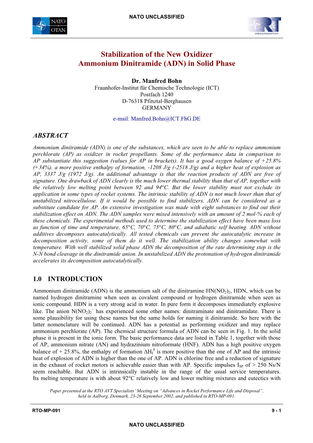 Stabilization of the New Oxidizer Ammonium Dinitramide (ADN) in Solid Phase