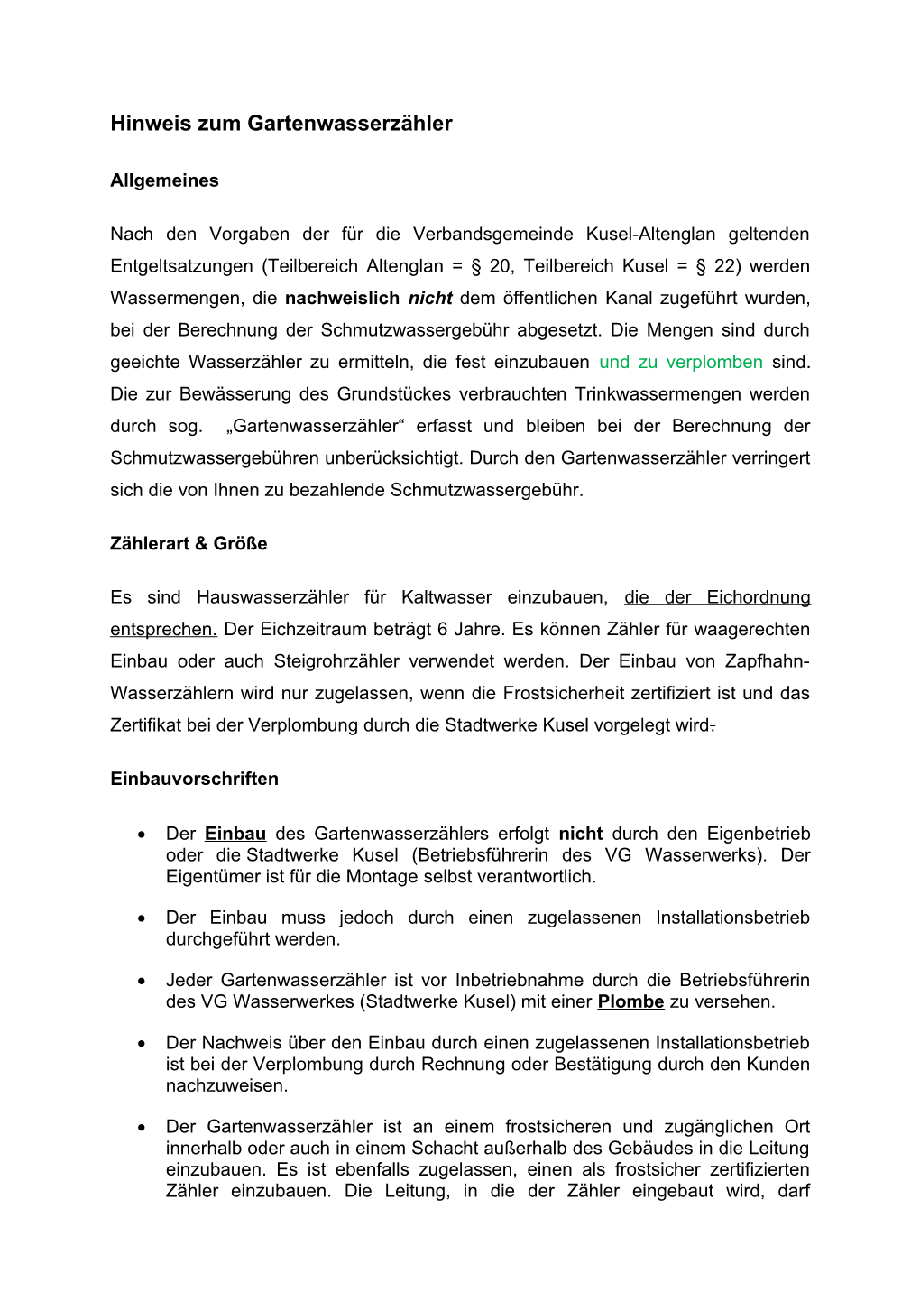 Hinweis Zum Gartenwasserzähler Der VG Kusel Altenglan