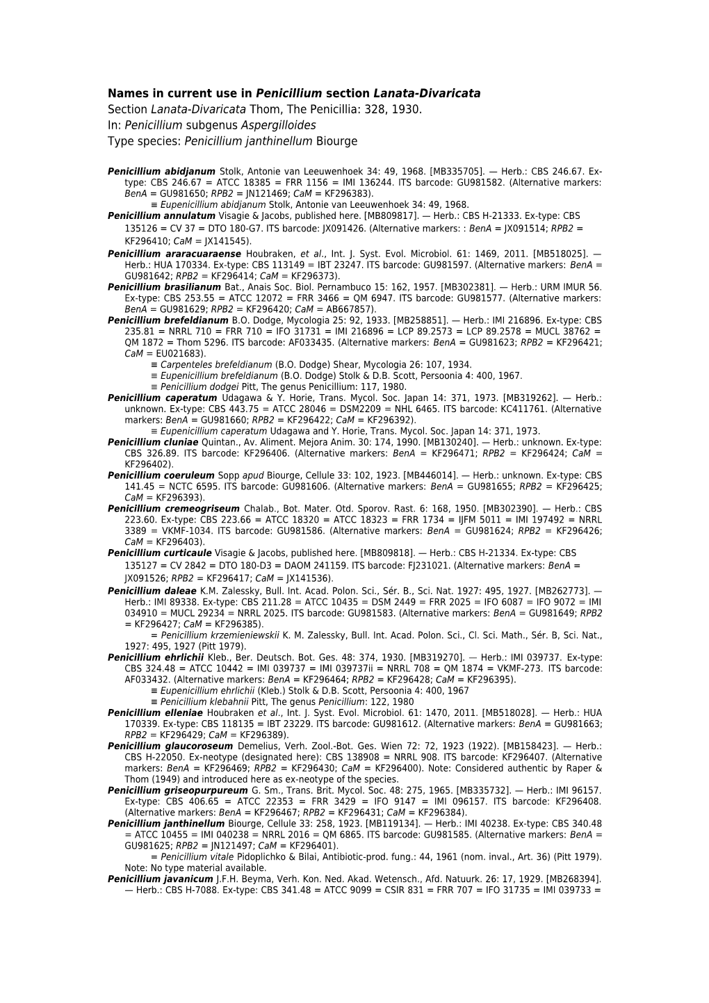 Names in Current Use in Penicillium Section Lanata-Divaricata