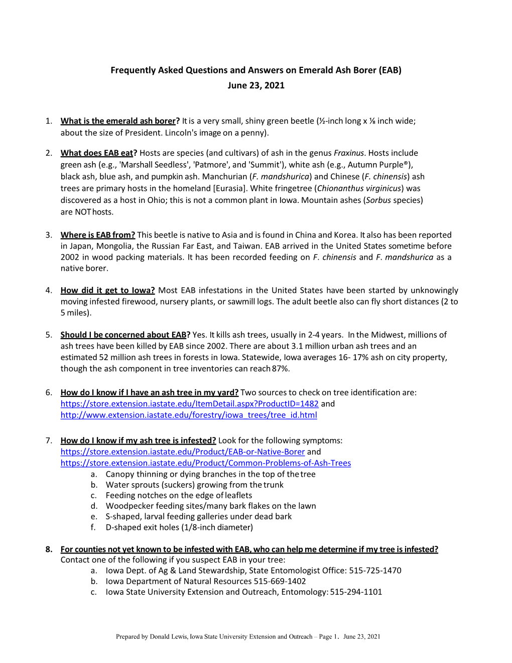 Emerald Ash Borer FAQ, June 23, 2021