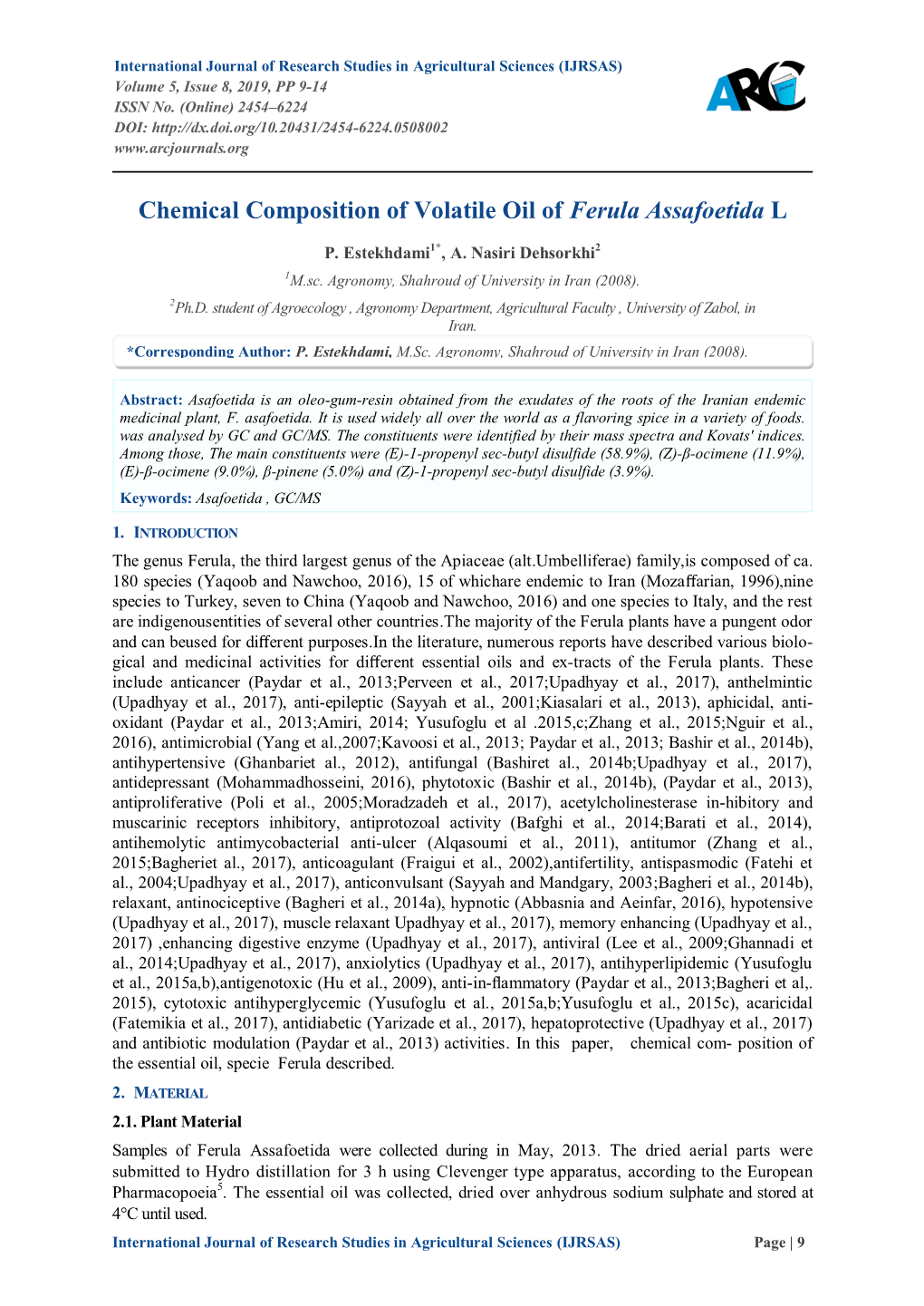 Chemical Composition of Volatile Oil of Ferula Assafoetida L