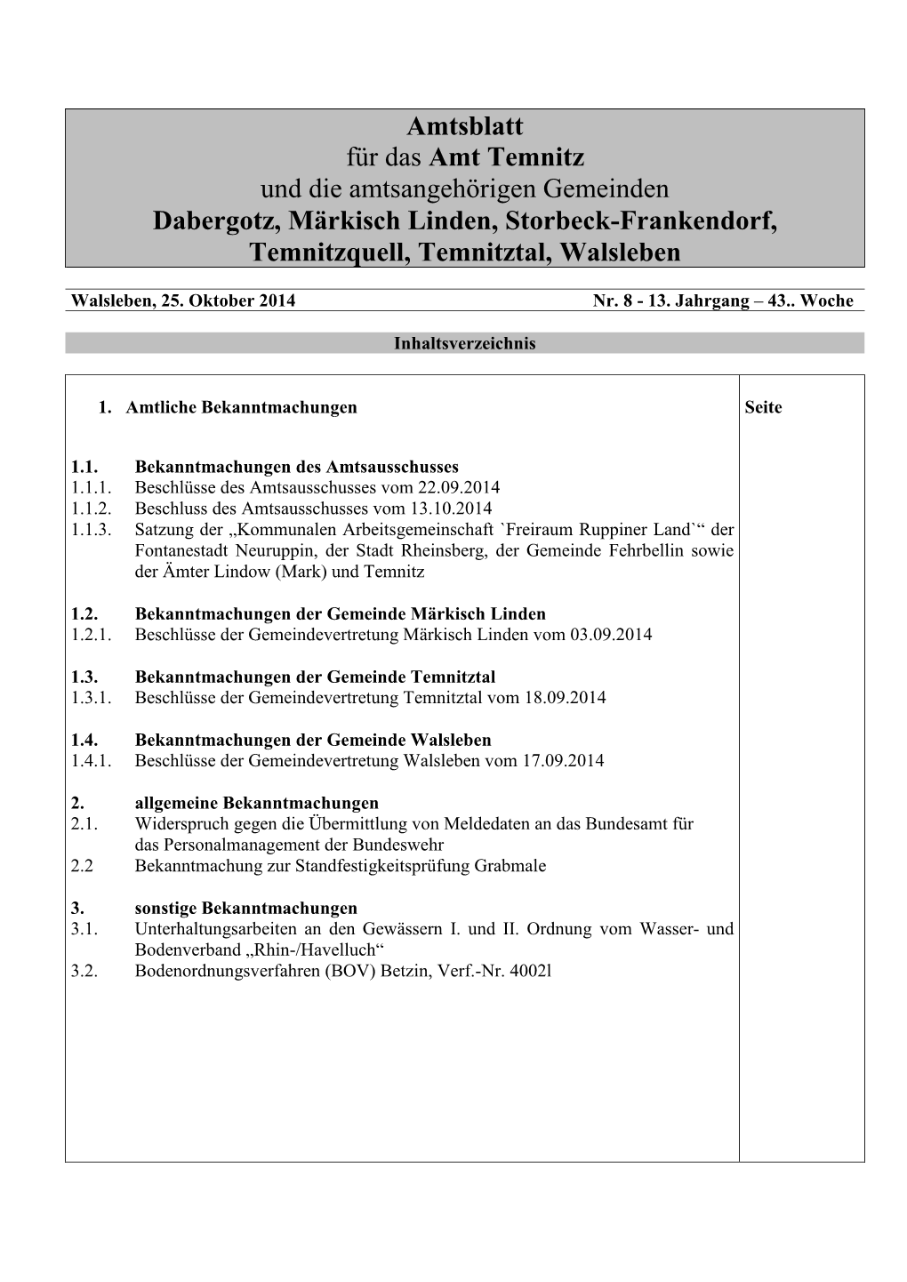 Amtsblatt Für Das Amt Temnitz Und Die Amtsangehörigen Gemeinden Dabergotz, Märkisch Linden, Storbeck-Frankendorf, Temnitzquell, Temnitztal, Walsleben