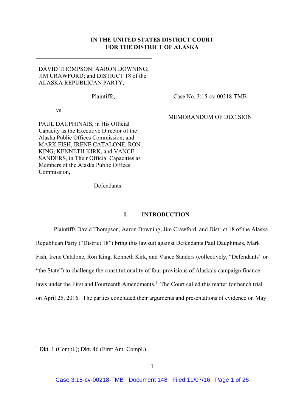 Memorandum of Decision; Alaska Republican Party, Et Al. V. Alaska