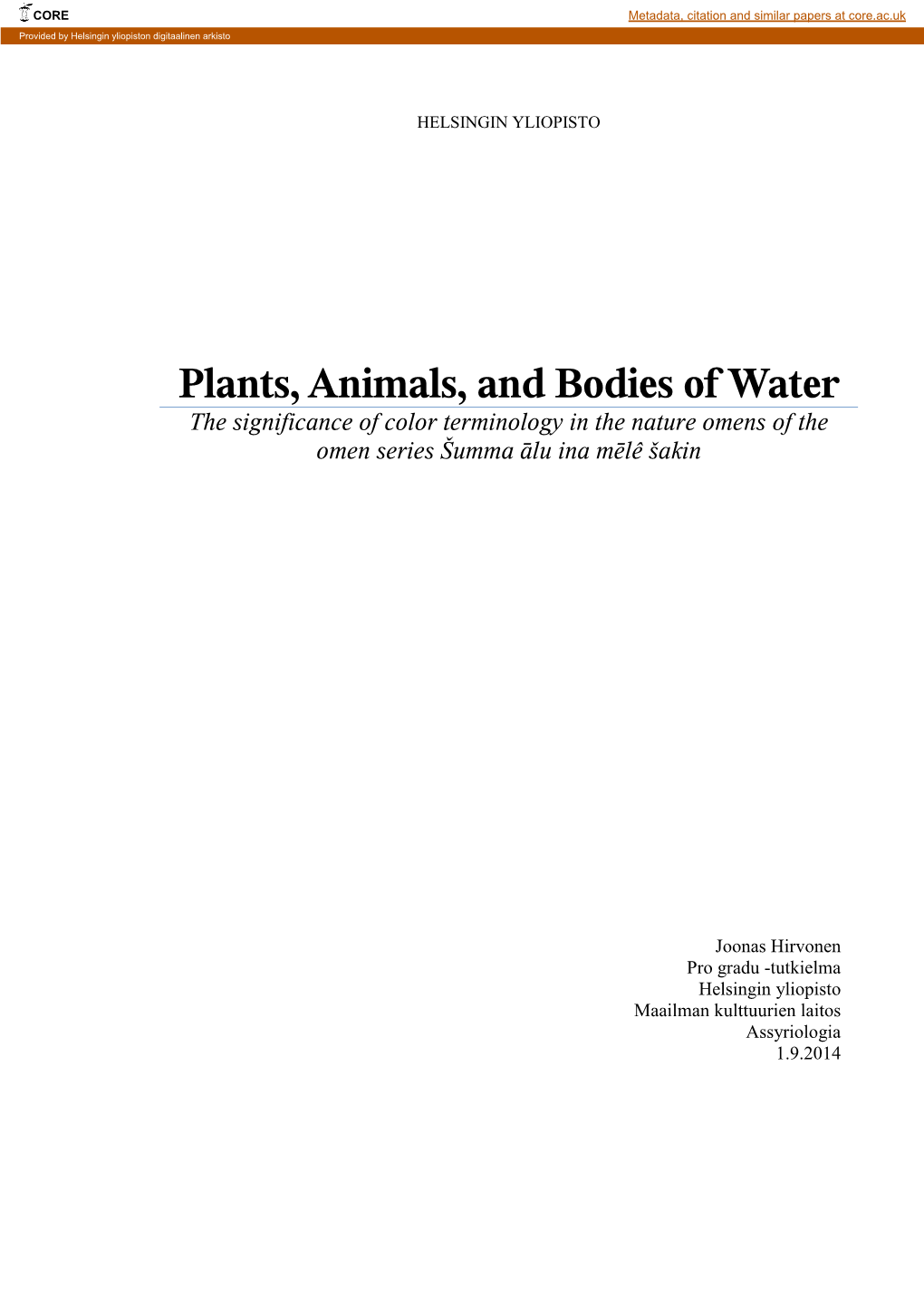 Plants, Animals, and Bodies of Water the Significance of Color Terminology in the Nature Omens of the Omen Series Šumma Ālu Ina Mēlê Šakin