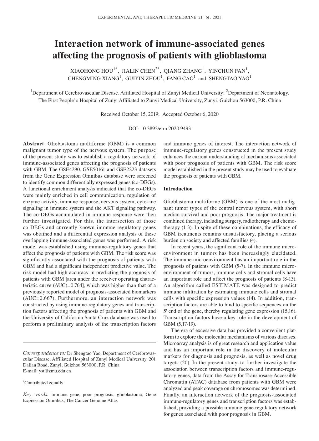 Interaction Network of Immune‑Associated Genes Affecting the Prognosis of Patients with Glioblastoma