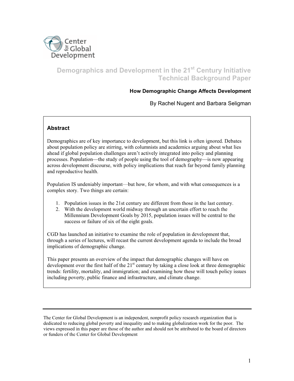 Demographics and Development in the 21 Century Initiative Technical