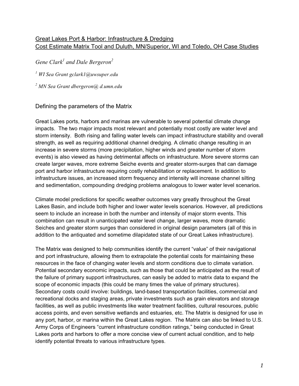 Lakes Port & Harbor: Infrastructure & Dredging Cost Estimate Matrix Tool