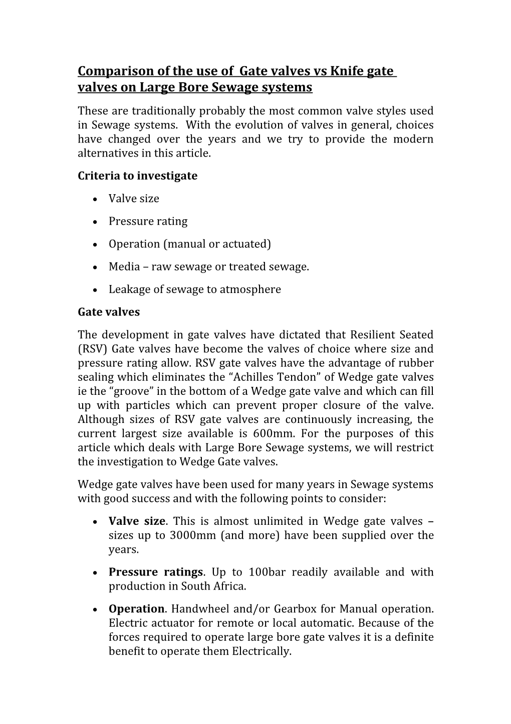 Comparison of the Use of Gate Valves Vs Knife Gate Valves on Large Bore Sewage Systems